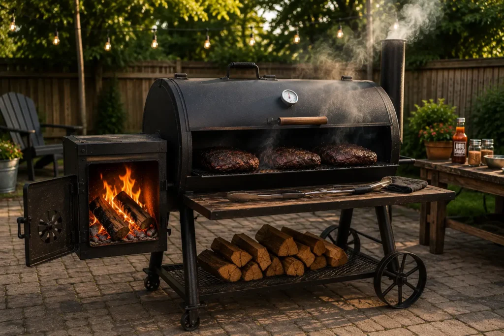 A pitmaster opening a side firebox with burning hardwood logs inside
