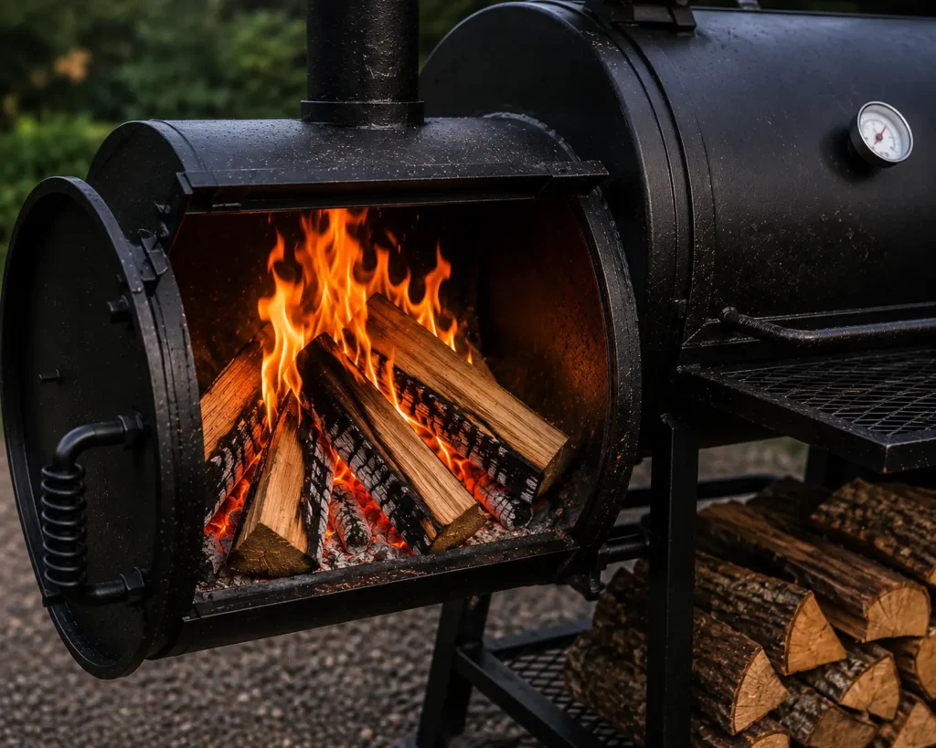 Clean burning fire with seasoned hardwood splits inside an offset smoker firebox