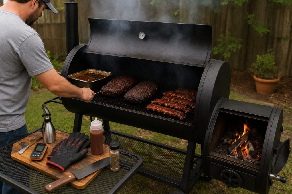 A beginner-friendly offset smoker set up in a backyard with smoke gently coming out of the chimney.