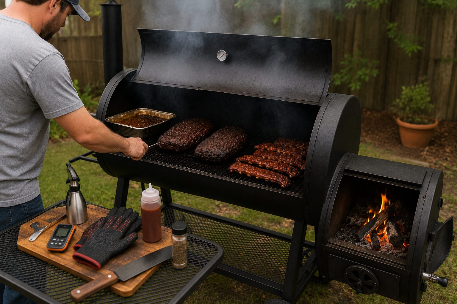 A beginner-friendly offset smoker set up in a backyard with smoke gently coming out of the chimney.