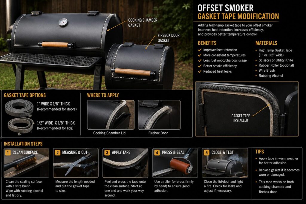 High-temperature grill gasket tape applied around the door lid of a budget smoker to prevent heat leaks.