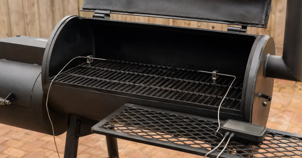 Digital temperature probes placed on offset smoker cooking grate to map heat distribution