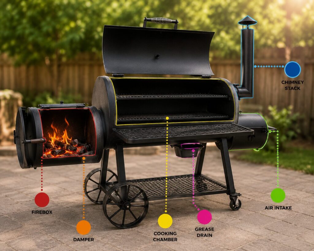 Close up view of the chimney stack, cooking chamber lid, and firebox hinges of an offset smoker grill.
