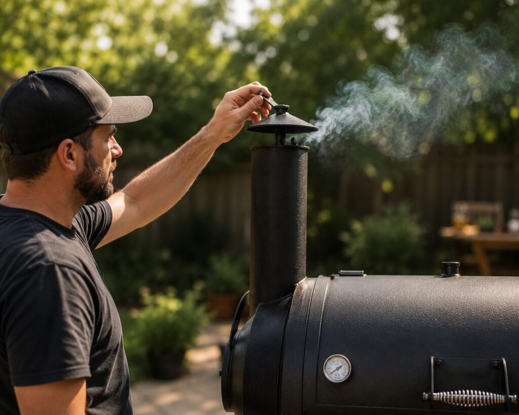 Adjusting the chimney stack exhaust vent to manage clean blue smoke airflow on an offset smoker grill.