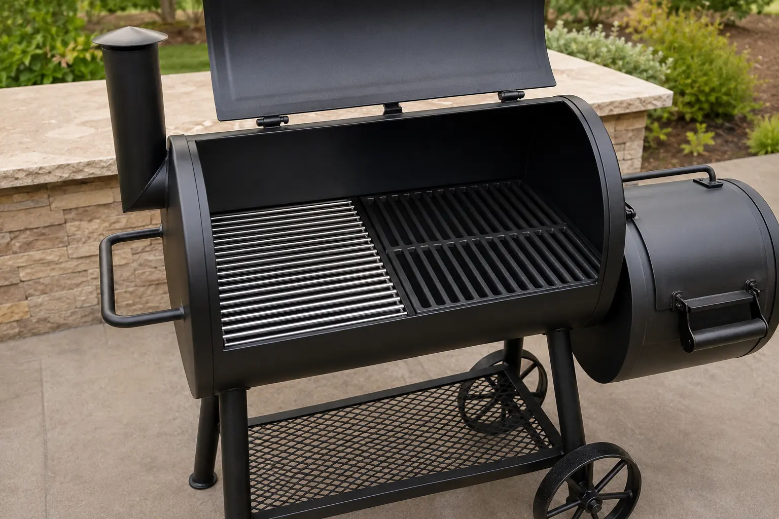 Offset smoker grill grates made from cast iron and stainless steel