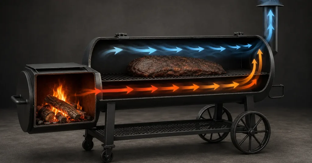 Diagram showing how convection and radiant heat flow through an offset smoker