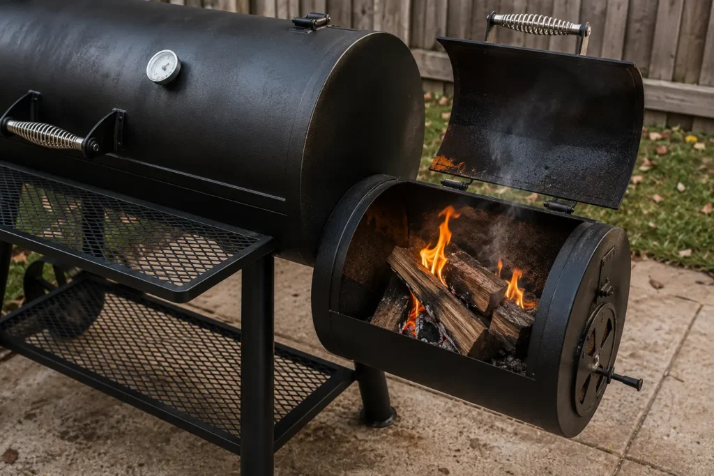 Heavy duty offset smoker with side firebox and horizontal chamber