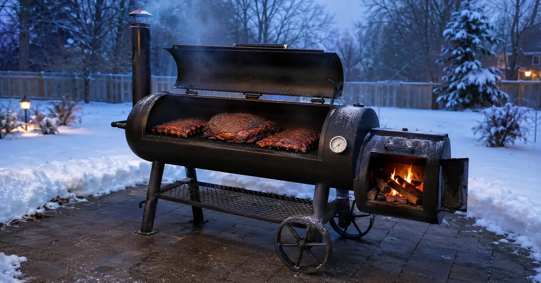 An offset smoker maintaining fire outdoor in freezing cold winter weather.