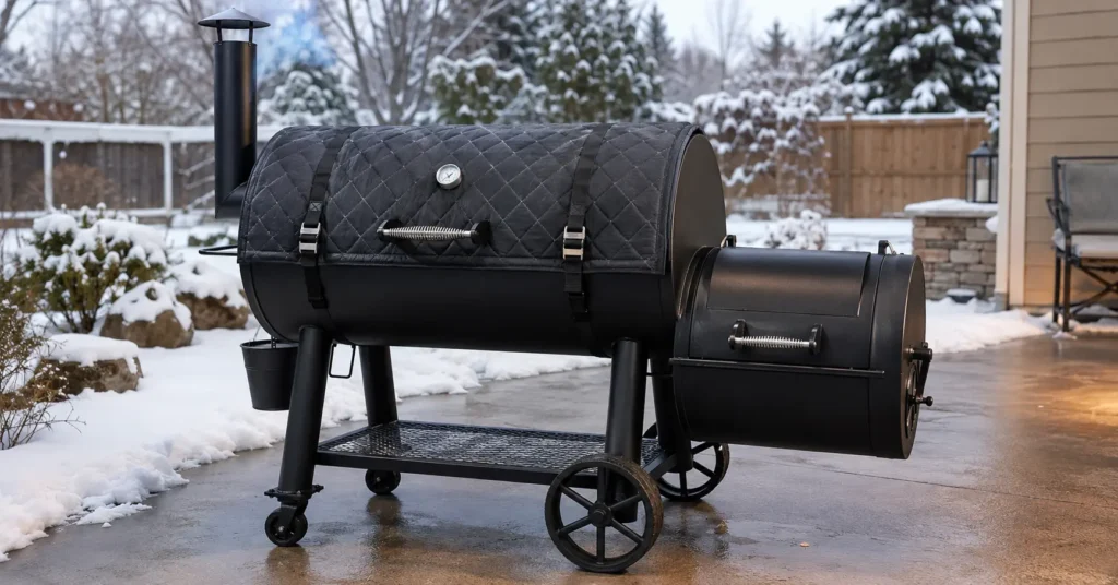 An offset smoker covered with a fire-resistant insulation blanket for winter BBQ.