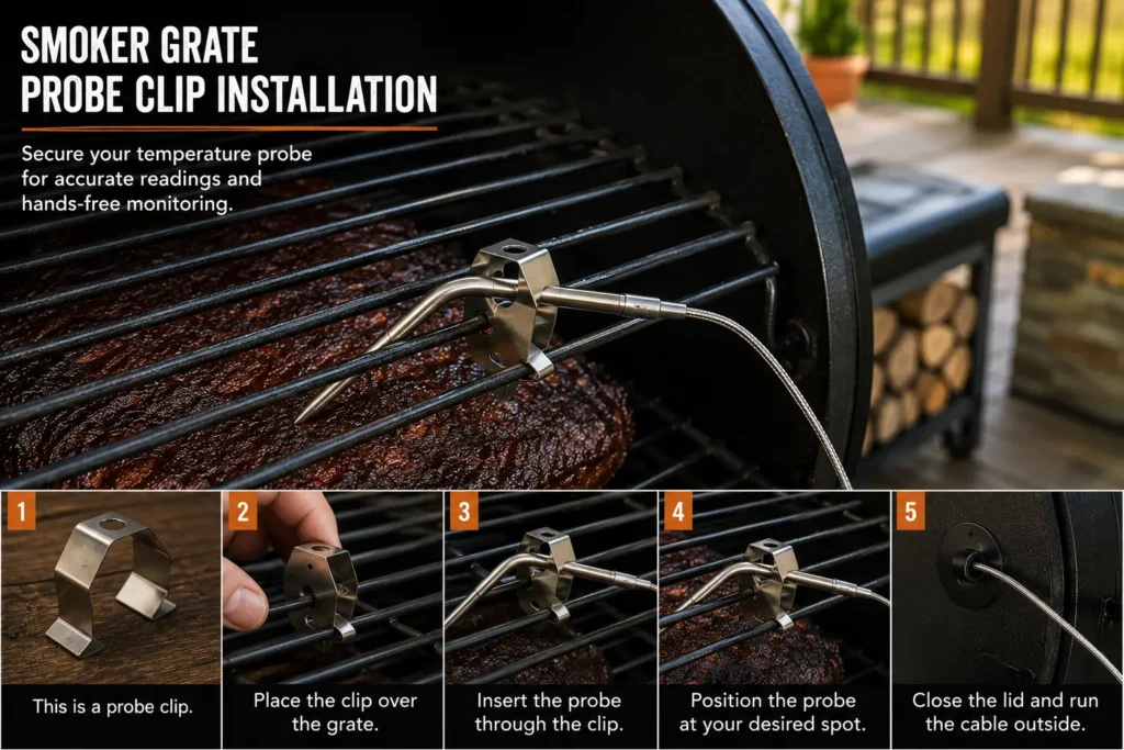 Smoker ambient probe attached to cooking grate using a metal grate clip