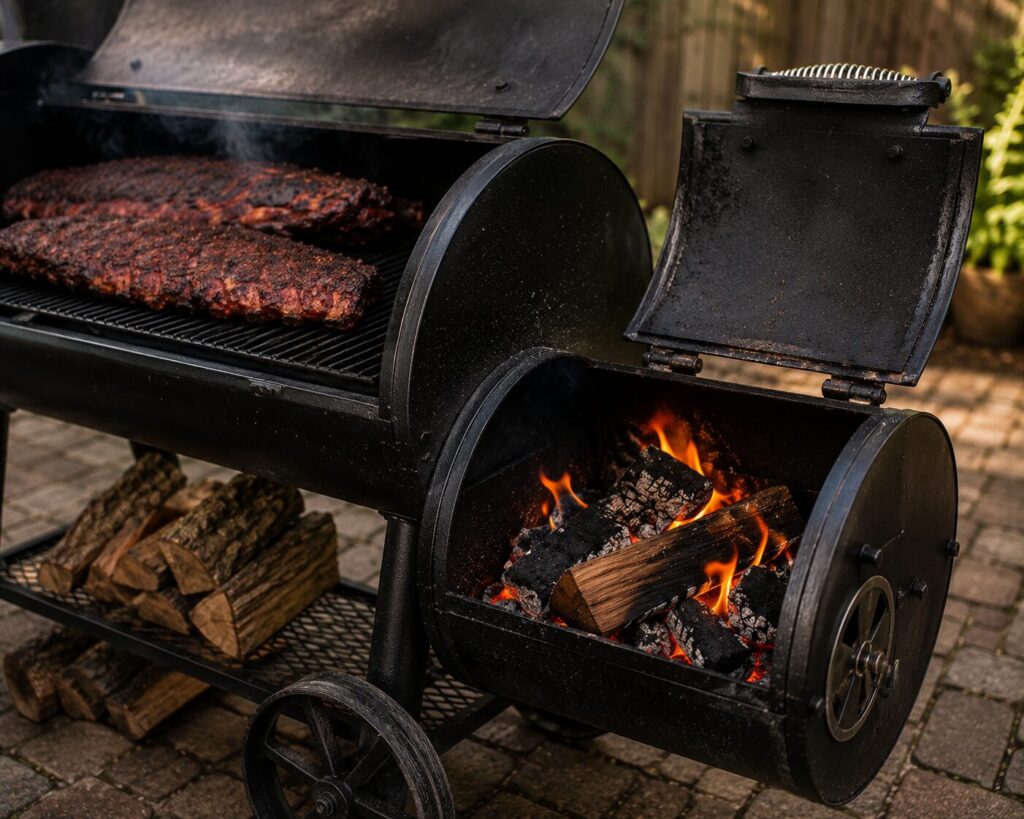 Close-up of an offset smoker's side firebox with burning wood logs inside providing indirect heat.