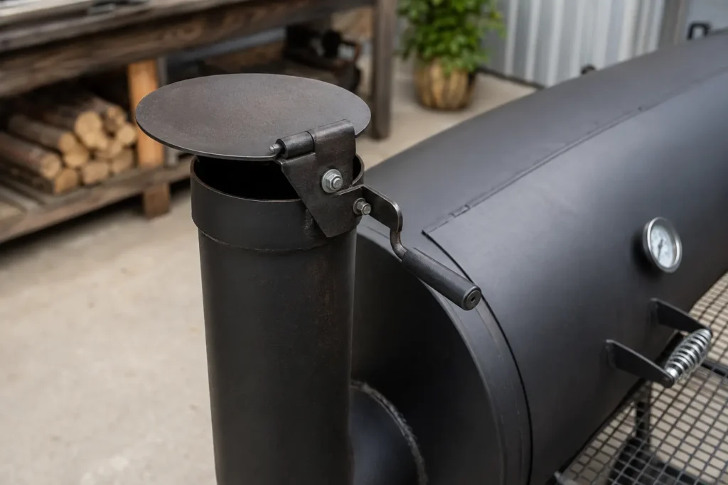 Adjustable offset smoker chimney cap and stack damper assembly