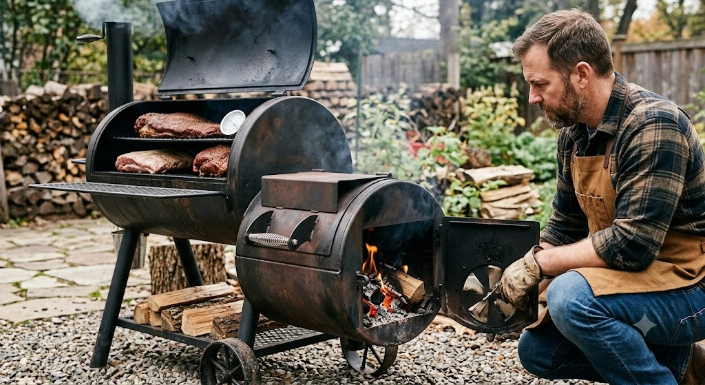 Adjusting the intake damper on an offset smoker for temperature control