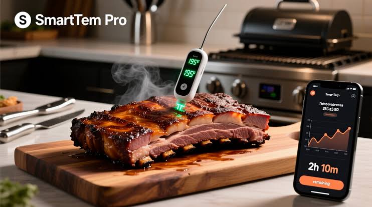 Inserting a digital probe meat thermometer into a smoking pork shoulder to monitor internal heat.