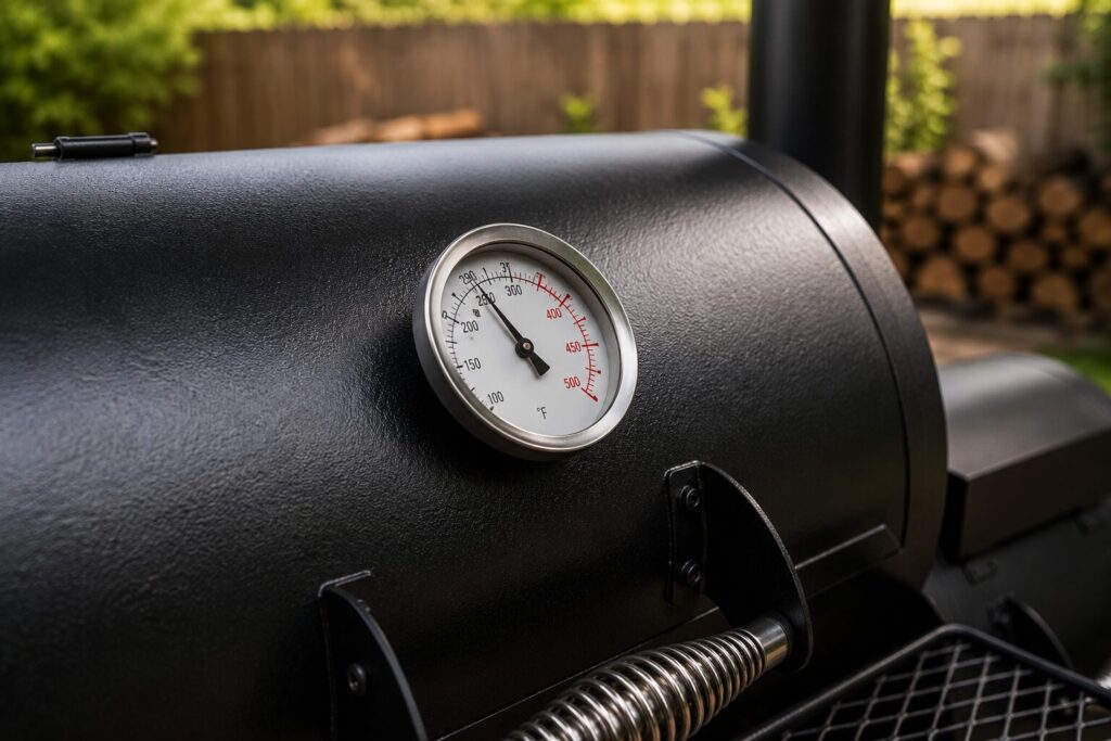 A close up of a high-quality built-in temperature gauge on the lid of a steel offset smoker.