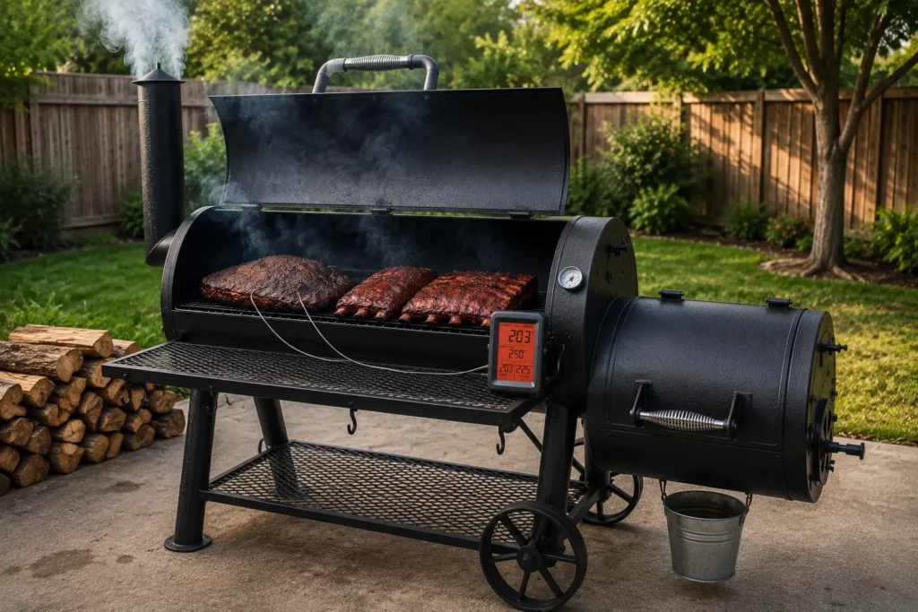 Digital thermometer probes installed inside an offset smoker at grate level