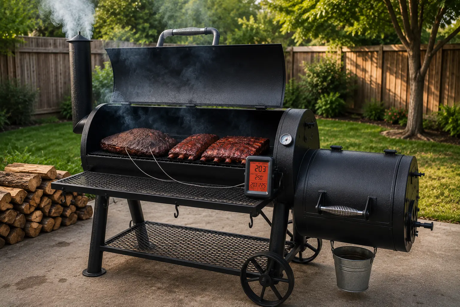 Digital thermometer probes installed inside an offset smoker at grate level