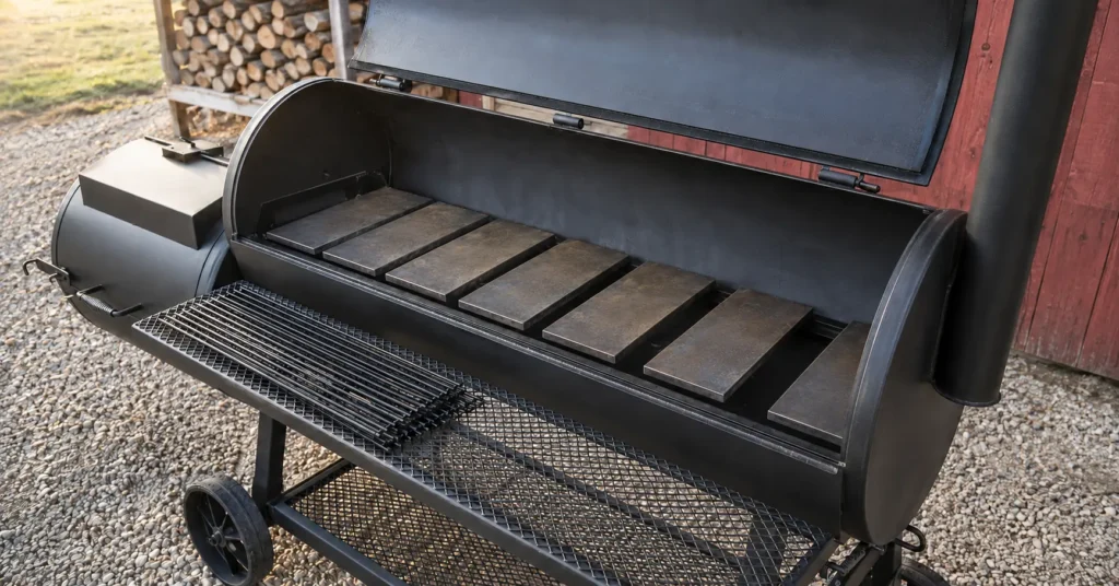 Adjustable tuning plates placed inside an offset smoker cooking chamber