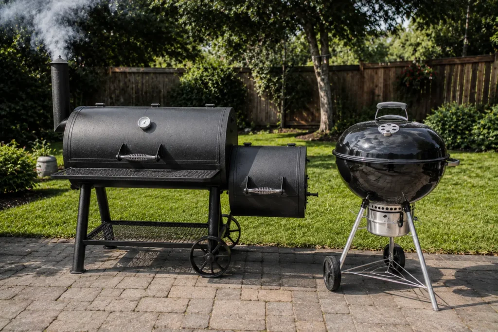 Offset smoker vs charcoal grill comparison outdoors