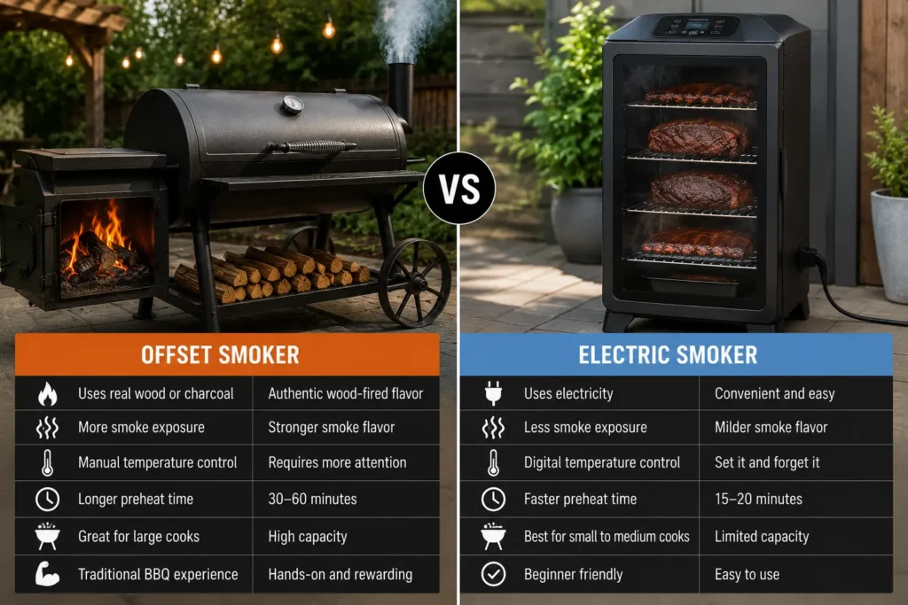 An offset smoker and an electric smoker side by side outdoors