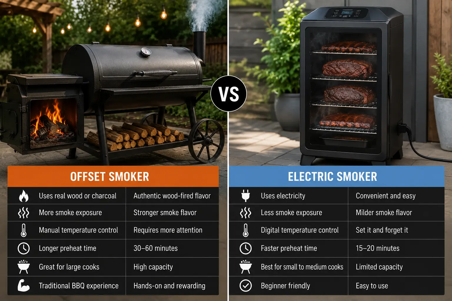 An offset smoker and an electric smoker side by side outdoors