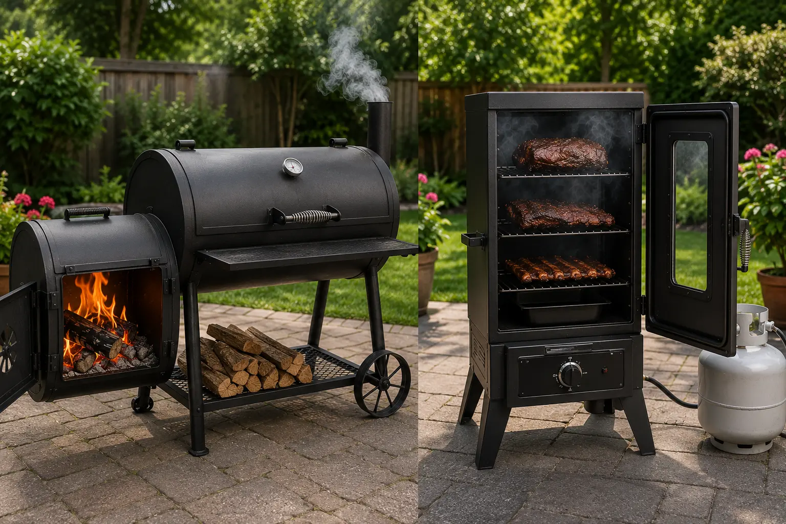 Offset smoker and gas smoker placed side by side for comparison