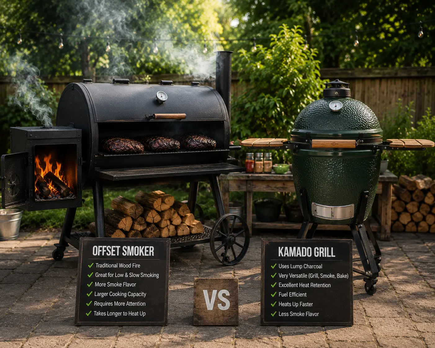 Offset smoker and kamado grill placed side by side outdoors