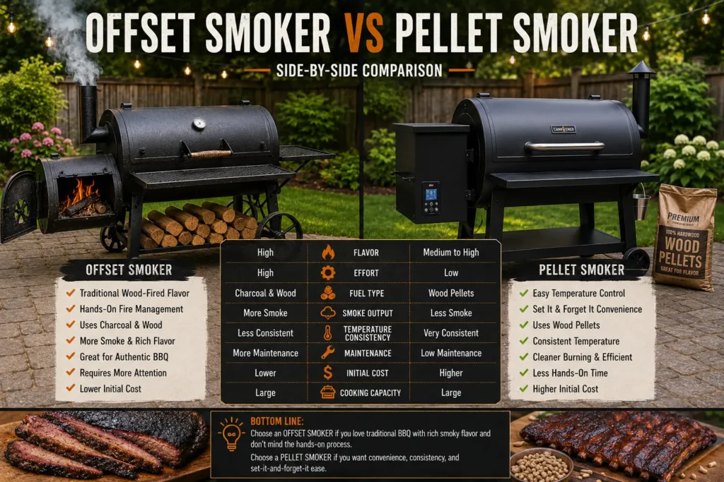 Offset smoker and pellet smoker placed side by side in a backyard kitchen setup.