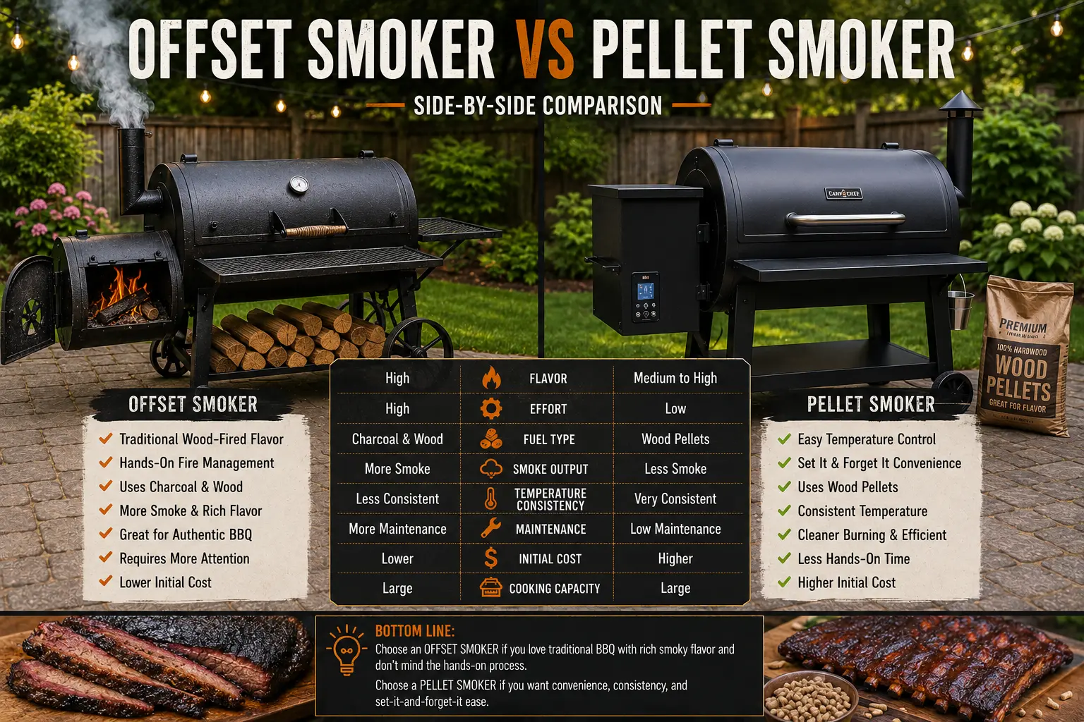 Offset smoker and pellet smoker placed side by side in a backyard kitchen setup.