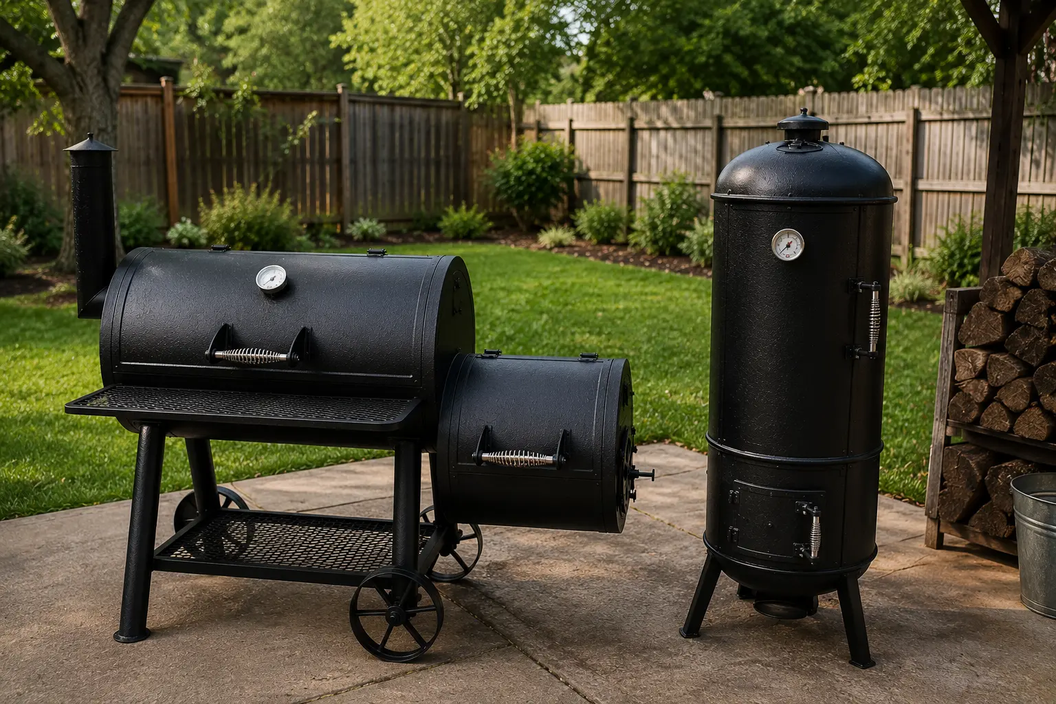 Offset smoker vs traditional vertical smoker in a backyard