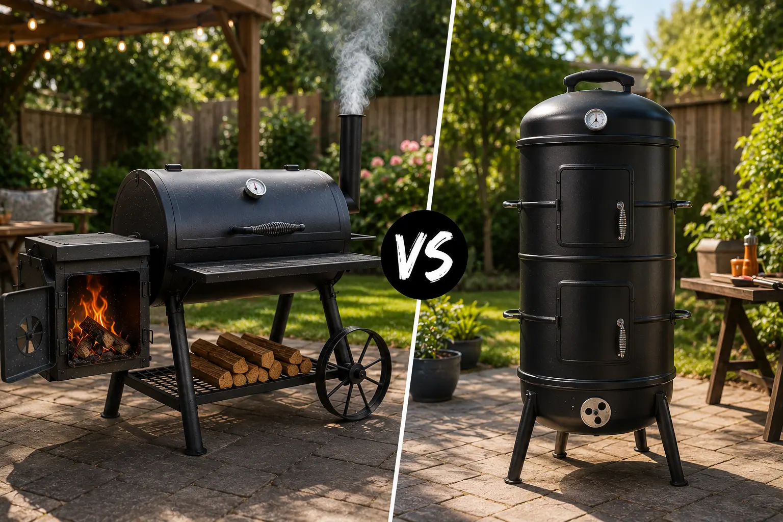 An offset smoker and a vertical smoker placed side by side outdoors