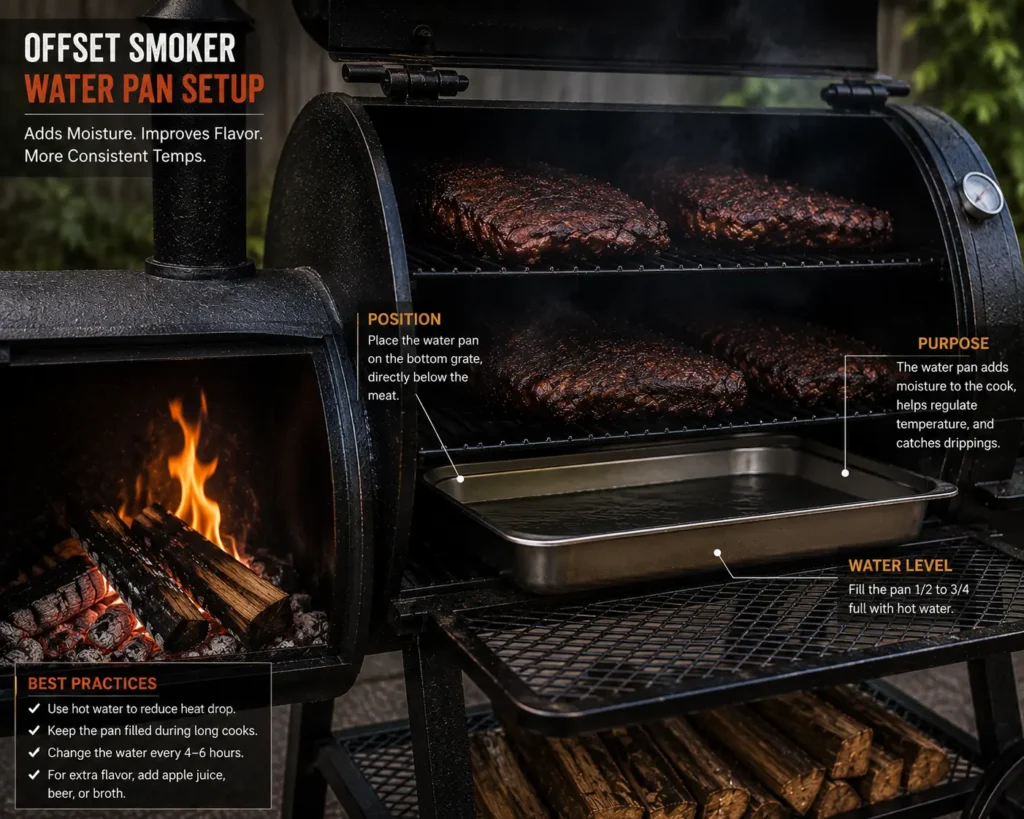 Metal water pan placed inside the cooking chamber of an offset smoker next to the firebox.