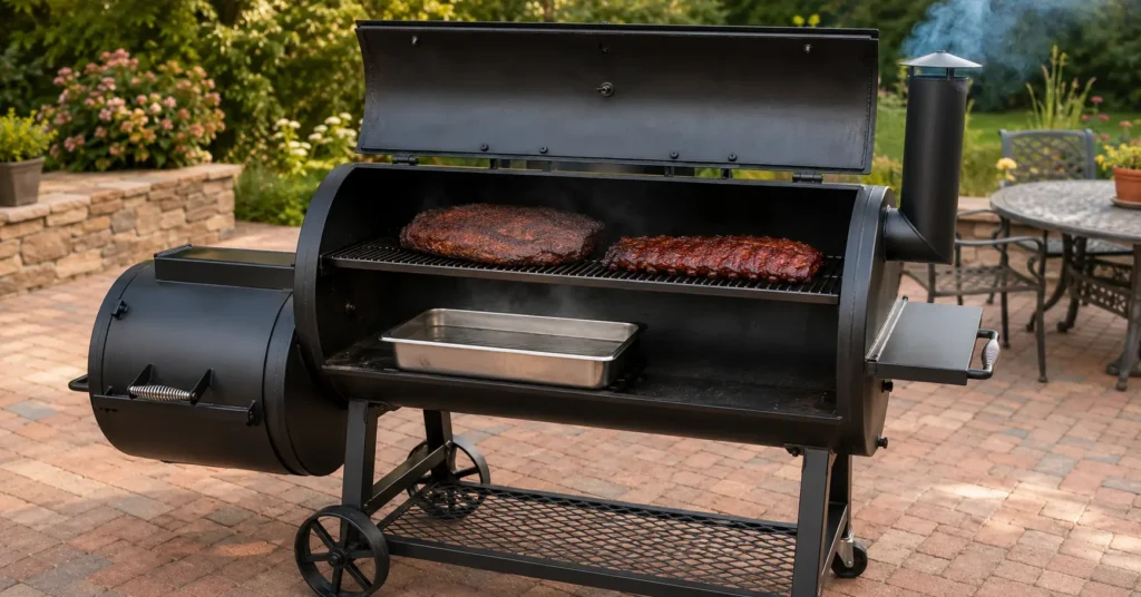 Hot water pan placed inside an offset smoker chamber to act as a thermal buffer.