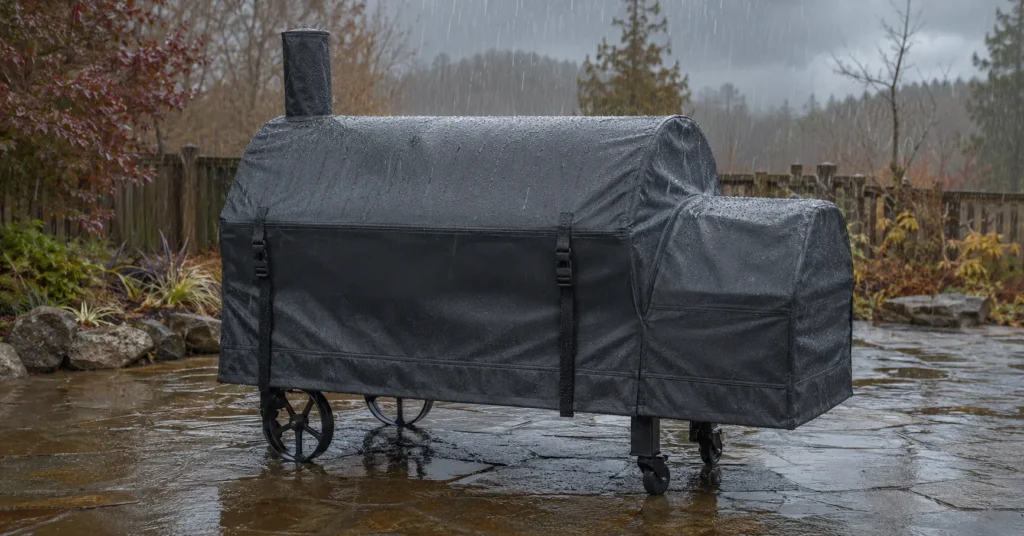 Heavy duty cover protecting an offset smoker from outdoor rain