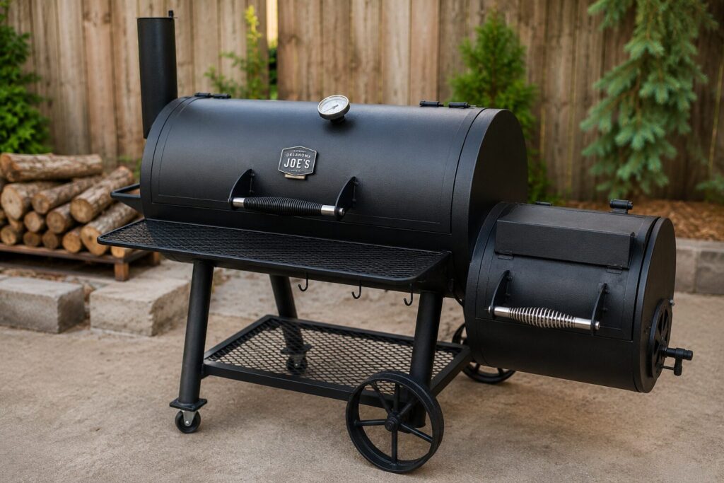 An Oklahoma Joe's Highland offset smoker placed on a backyard patio, ideal for beginners.