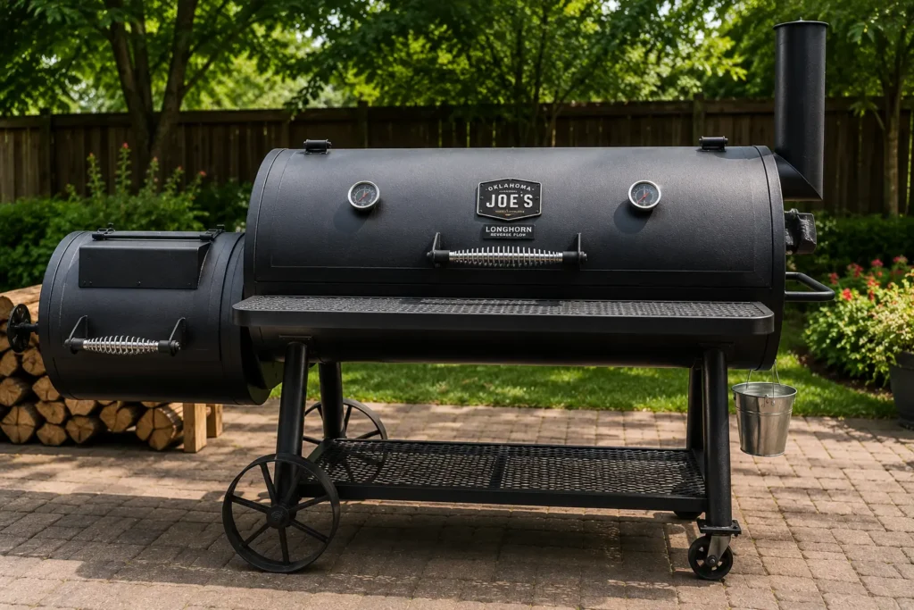 Oklahoma Joe's Longhorn Reverse Flow offset smoker setup outdoors