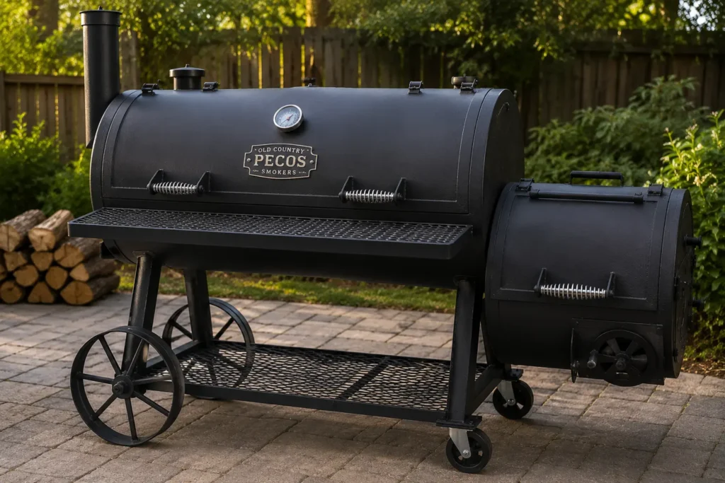 Old Country Pecos welded steel offset smoker with open lid