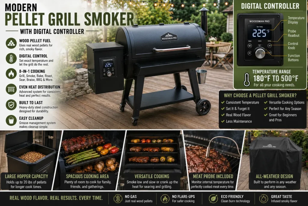 A modern pellet smoker grill with an electronic digital controller and pellet hopper open.