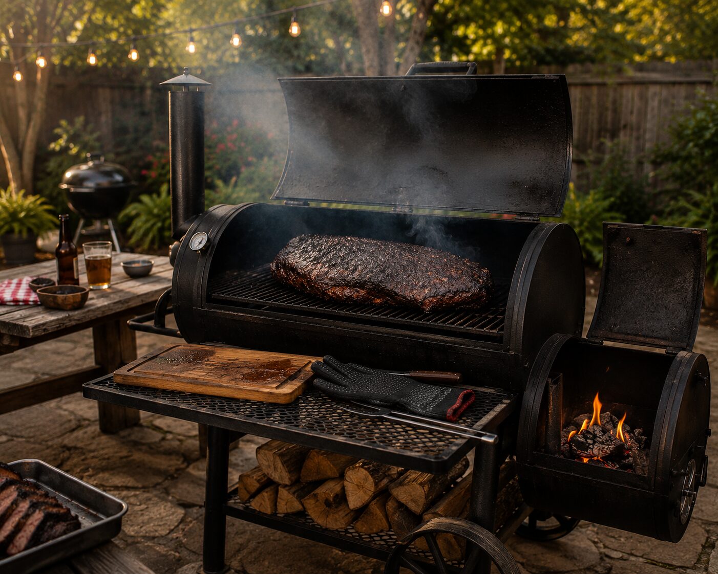 A heavy-duty Pit Boss offset smoker cooking meat in a backyard setup with smoke coming out of the chimney.