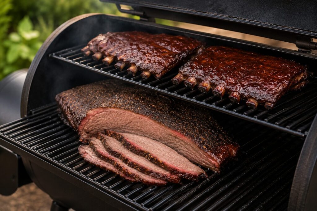 Smoked ribs and pork shoulder placed neatly on porcelain-coated cooking grates inside a large offset smoker.