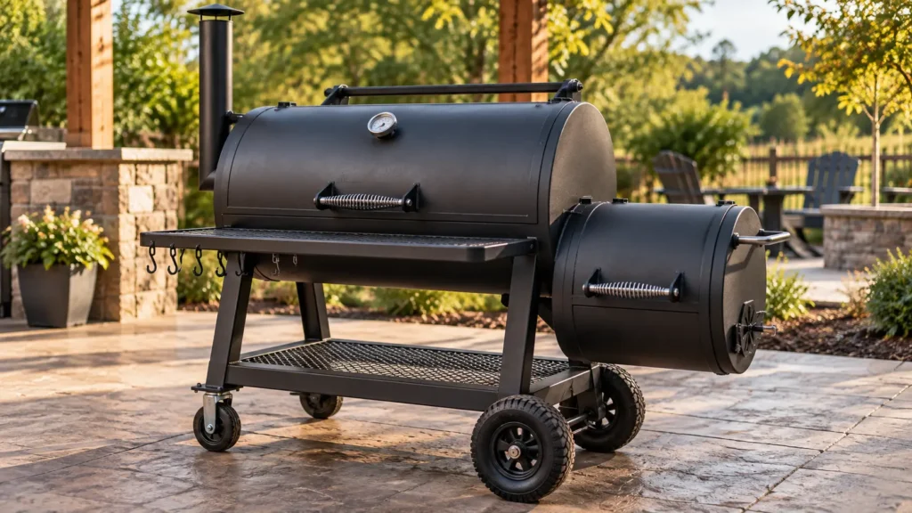 Premium backyard offset smoker with heavy-duty steel construction on an outdoor patio
