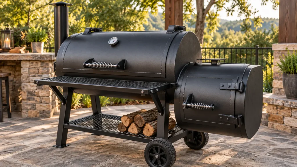 Premium offset smoker with heavy-duty steel construction and welded firebox