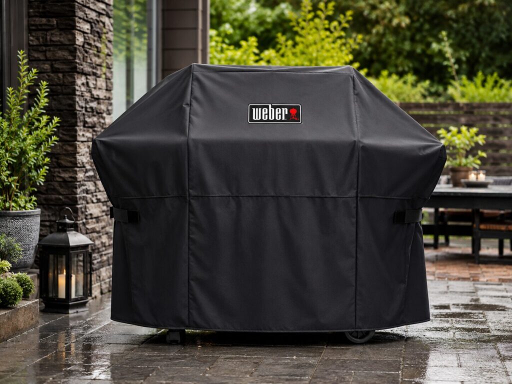 A heavy-duty weatherproof Weber brand cover protecting outdoor cooking equipment from rain and sun.