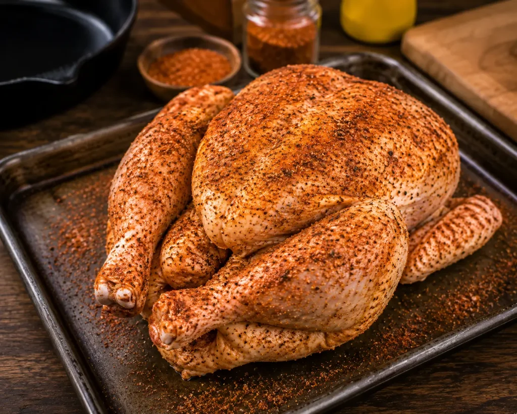 A raw whole chicken seasoned with a colorful barbecue rub on a cutting board.