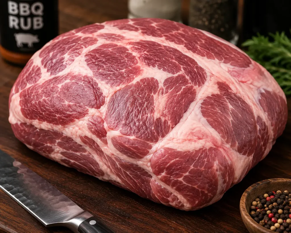 A raw bone-in Boston butt pork shoulder with good fat marbling