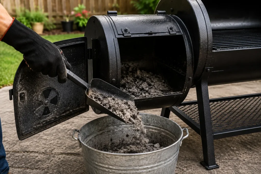 Cleaning out gray wood ash from the firebox of an offset smoker using an ash shovel.