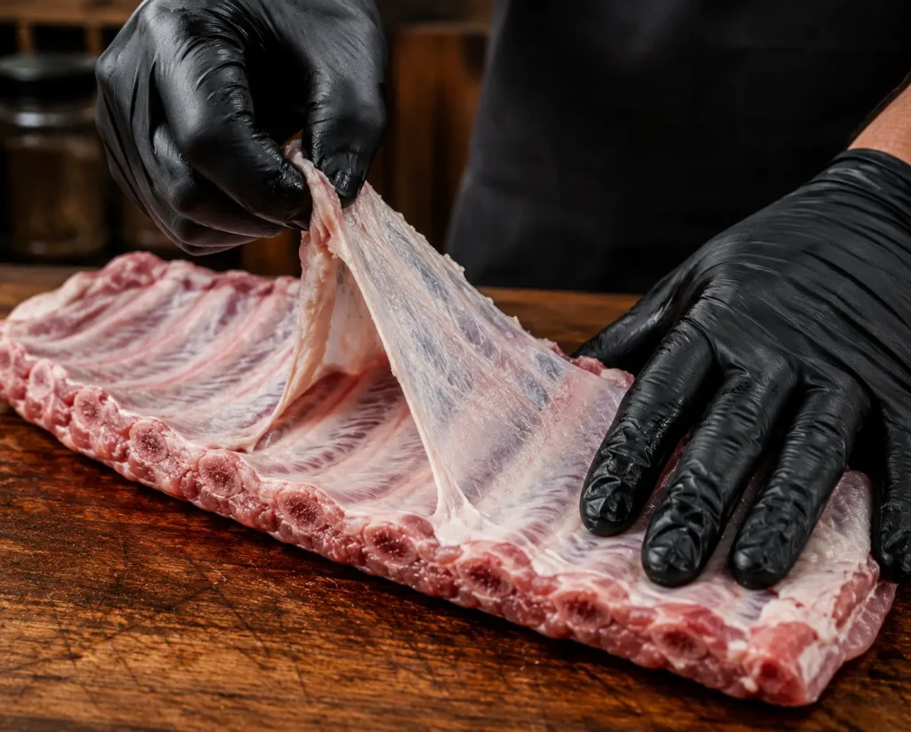 Removing the silver skin membrane from the back of a raw rack of pork ribs using a paper towel.
