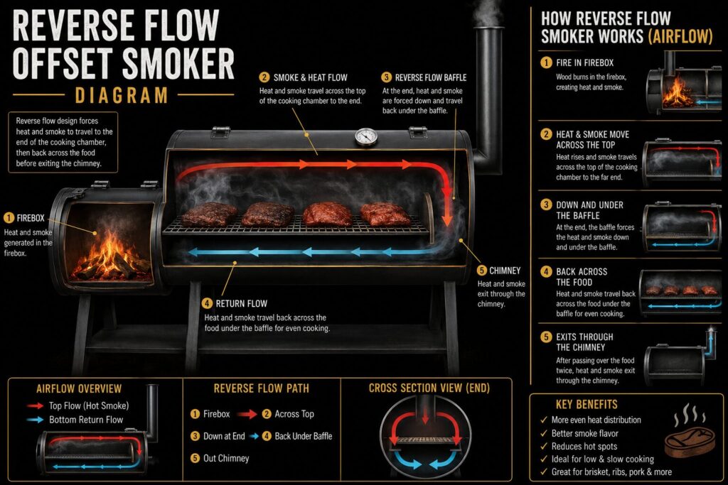 Diagram showing how heat and smoke travel under the baffle plate in a reverse flow offset smoker.