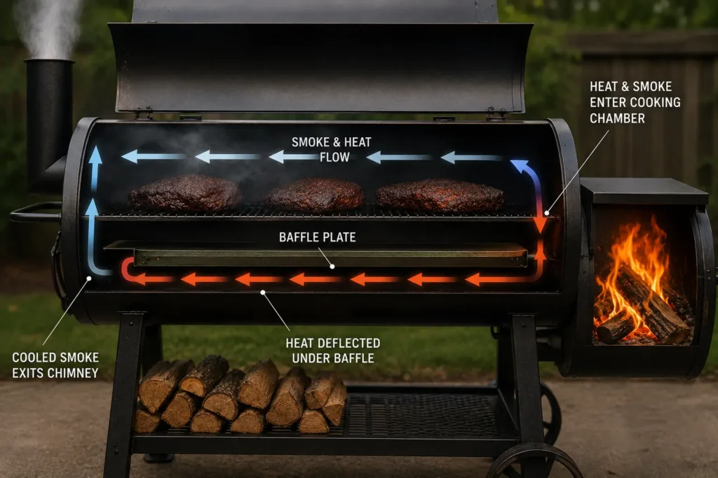 Reverse flow BBQ smoker showing internal baffle plate and airflow path