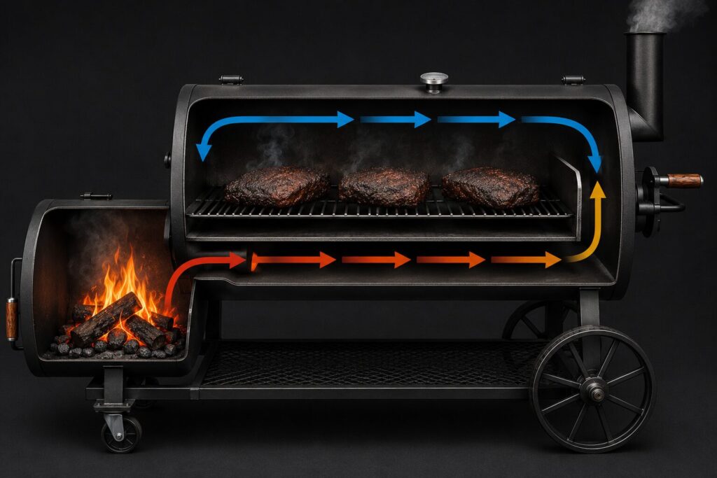 Diagram explaining the reverse flow technology and airflow system in a Lang offset smoker.